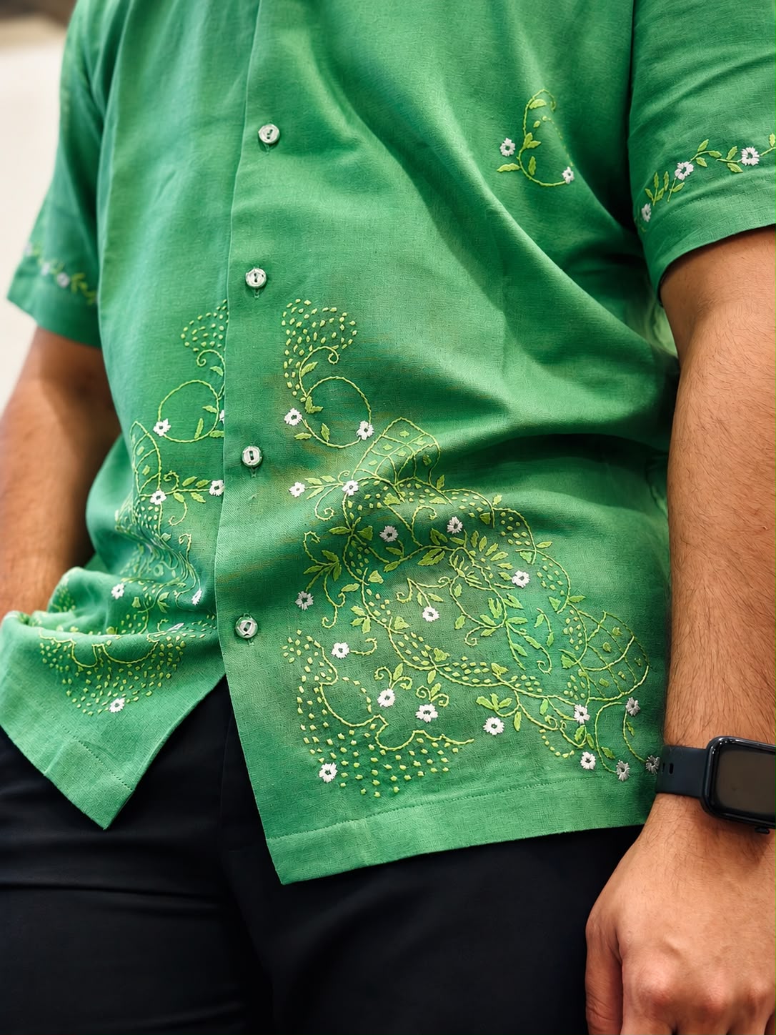 Forest Green Floral Hand-Stitched Shirt thumbnail 2