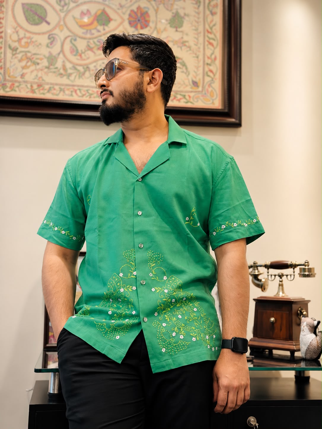 Forest Green Floral Hand-Stitched Shirt