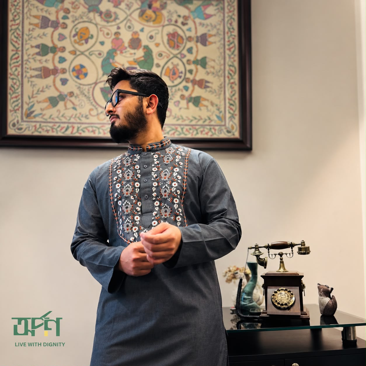 Grey Embroidered Hand-Stitched Kurta